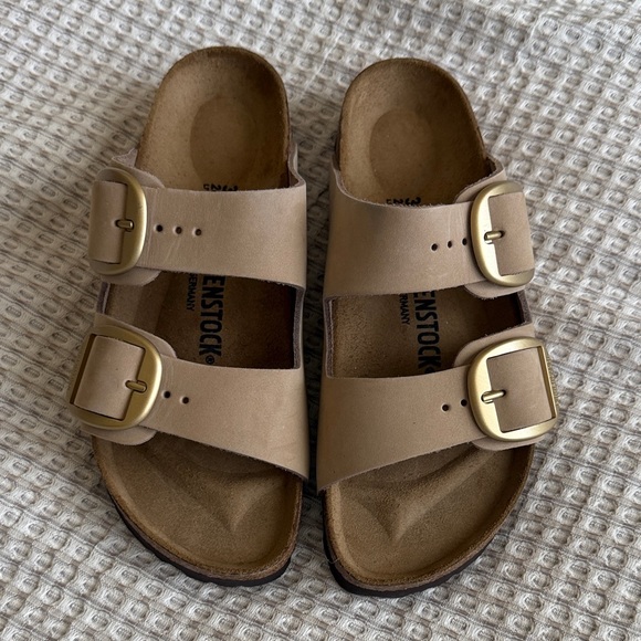 Birkenstock Shoes - Birkenstock Beige Sandals with Brass Buckles
